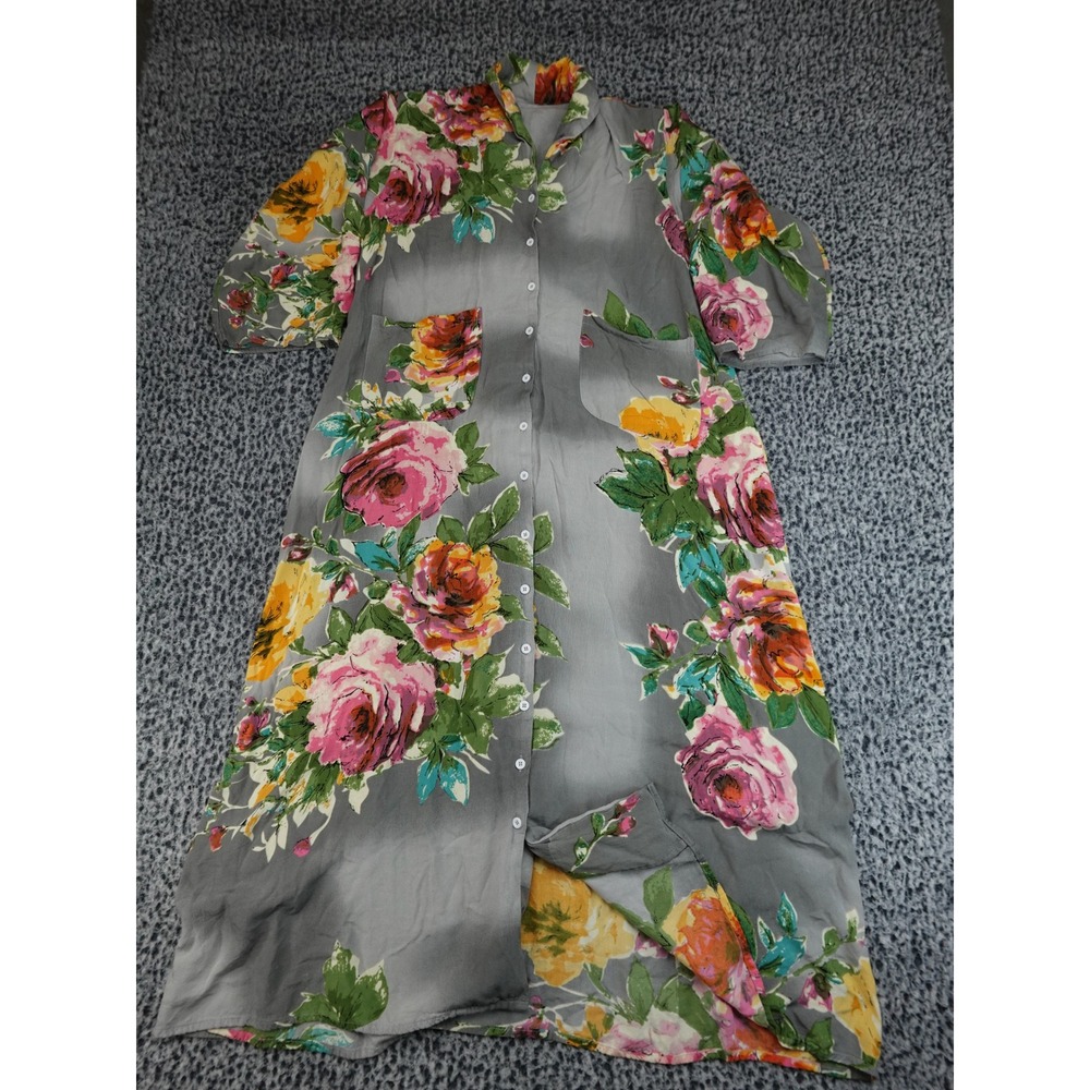 Unbranded Floral Maxi Dress Womens L/XL Grey Pink Button Front Pockets